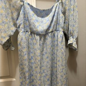 Blue and yellow square neck dress